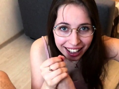 Nerdy teen massages a big cock with her lovely lips in POV