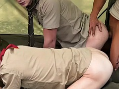 Twink scouts bareback fucked in an outdoor threesome in a tent