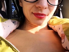 Naughty brunette teen having fun with sex toys in the car