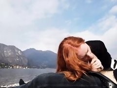 Stacked amateur redhead teen milking a big shaft in public