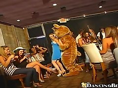 Beat mascot performs striptease and then fucks girls