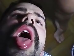 He cums in bearded mouth