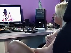 Busty Blonde Amateur Masturbates To Lesbian Porn