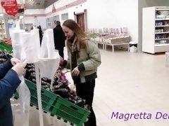 Eggplant ass fuck: guywithhole fisting with aubergine in shopping mall