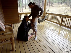 Naughty girlfriend Anya Olsen gives a great blowjob on the porch